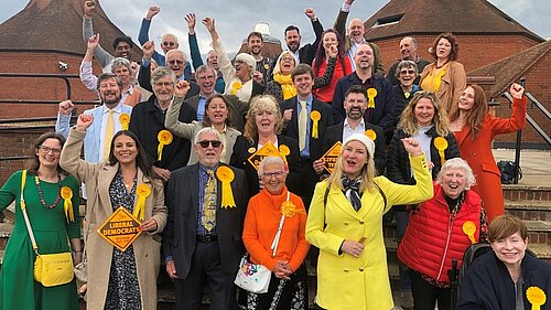 Lib Dems cekebrating outside Pippbrook