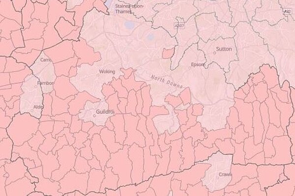 Non-parished areas of Surrey (in light red) Map of Surrey showing parished and non-parished areas